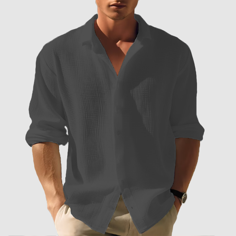 Men's casual lapel solid color long sleeve button top