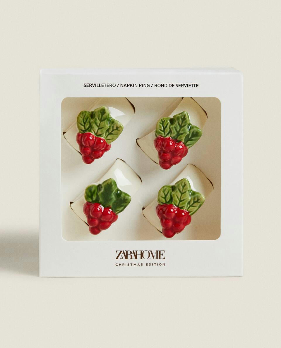 CONFEZIONE DI ANELLI PORTATOVAGLIOLI NATALIZI IN CERAMICA A FORMA DI VISCHIO (CONFEZIONE DA 4)