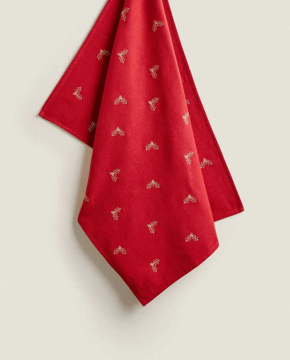 PAÑO DE COCINA DE ALGODÓN CON ÁRBOL DE NAVIDAD BORDADO 