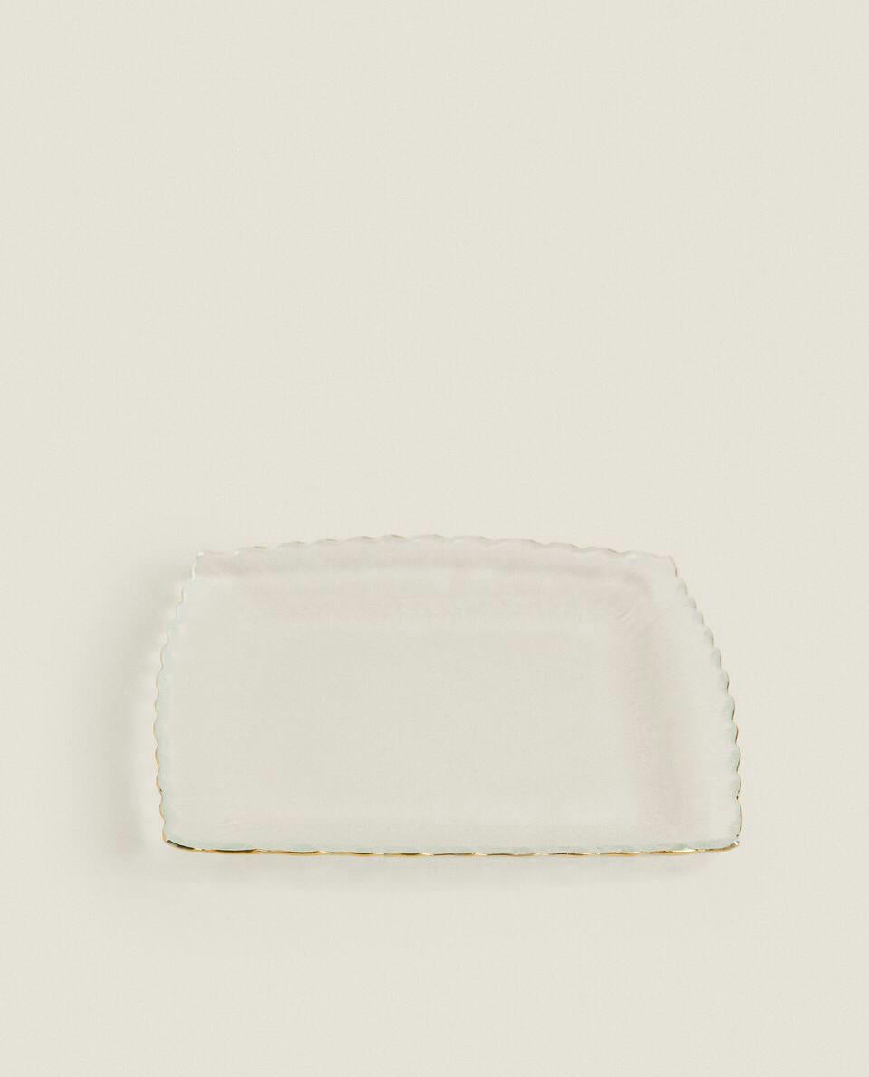 PLATO DE POSTRE DE VIDRIO NAVIDEÑO CON BORDE DORADO 