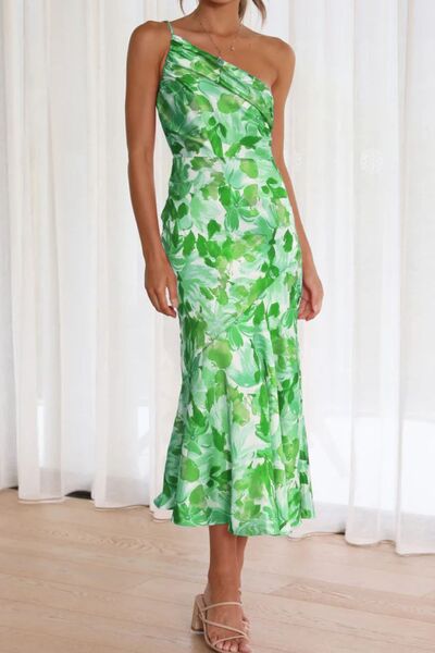 Ruched Printed Single Shoulder Midi Dress
