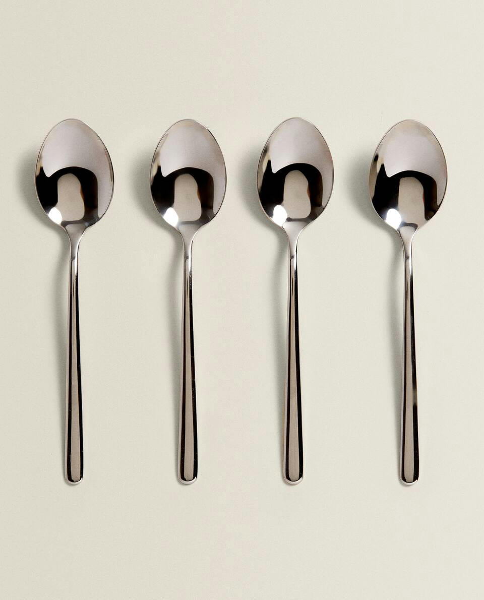 BOX OF 4 SHINY STEEL DESSERT SPOONS
