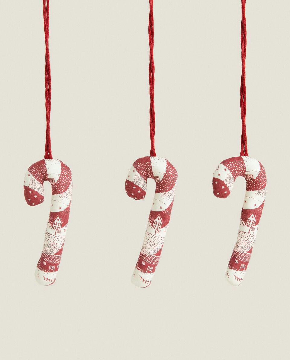 PACK OF PATCHWORK CANDY CANE CHRISTMAS DECORATIONS (PACK OF 3)