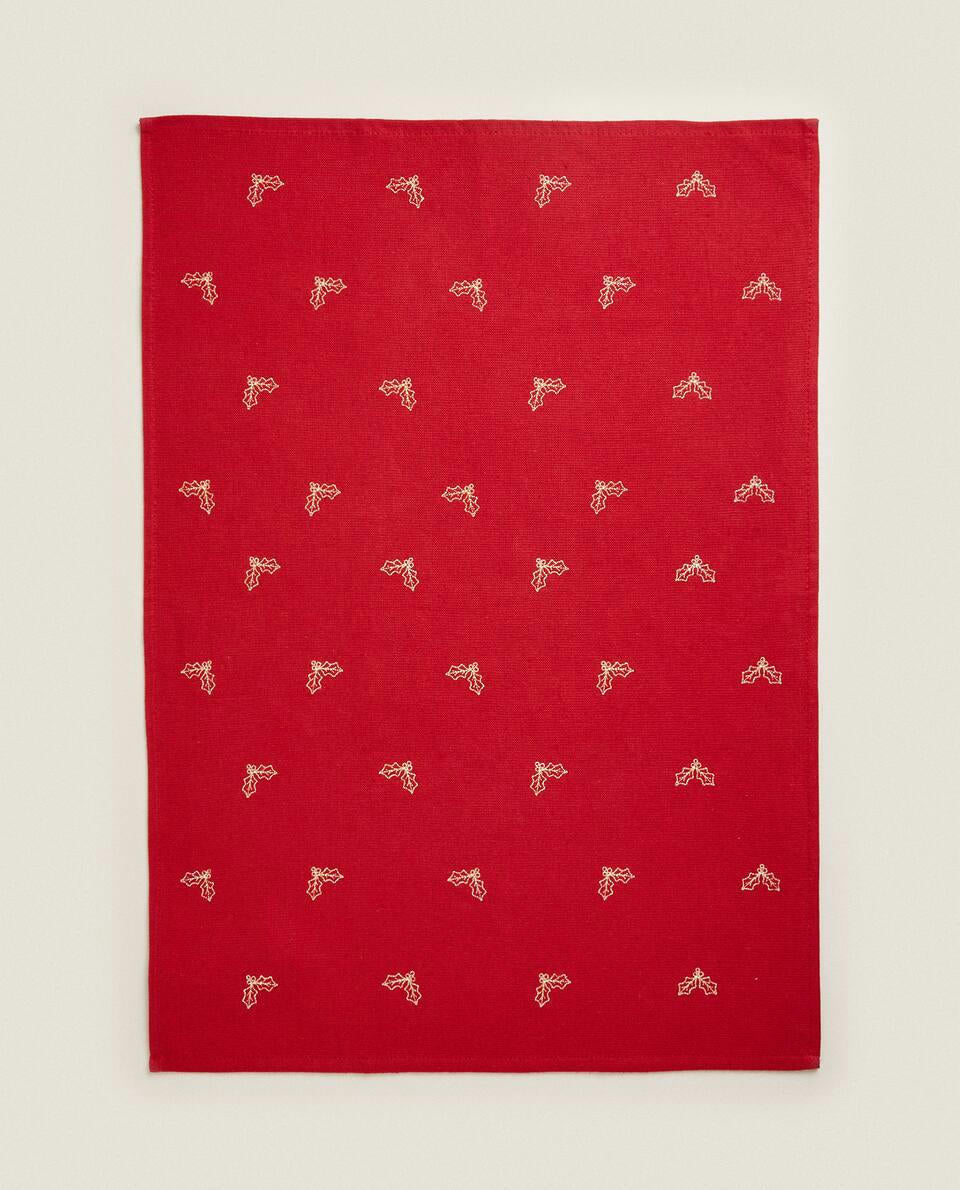 PAÑO DE COCINA DE ALGODÓN CON ÁRBOL DE NAVIDAD BORDADO 