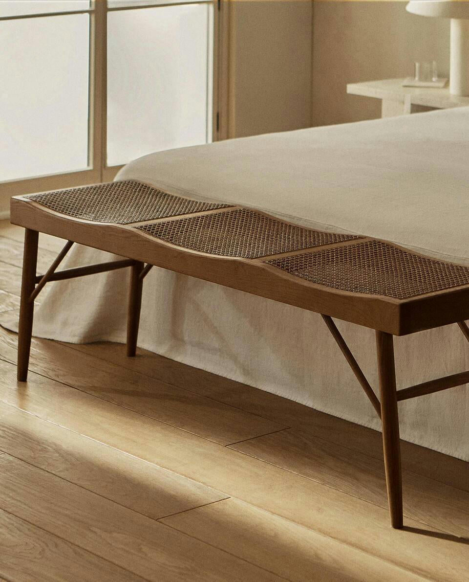 WOOD AND RATTAN BENCH