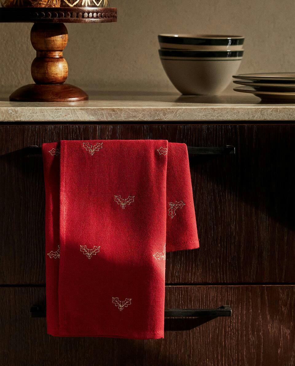 PAÑO DE COCINA DE ALGODÓN CON ÁRBOL DE NAVIDAD BORDADO 