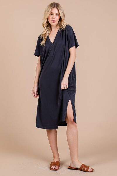 Ces Femme Side Slit Short Sleeve Midi Dress with Pockets