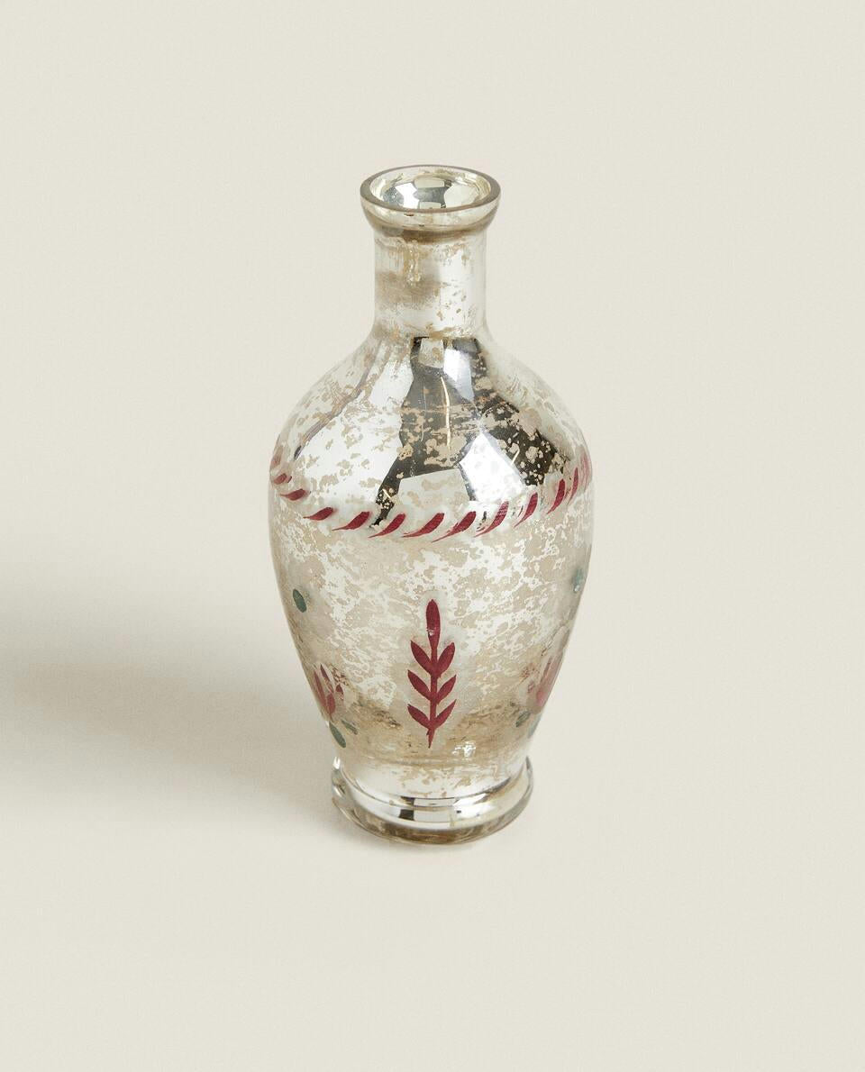 JARRÓN DE VIDRIO CON FLORES DE NAVIDAD 