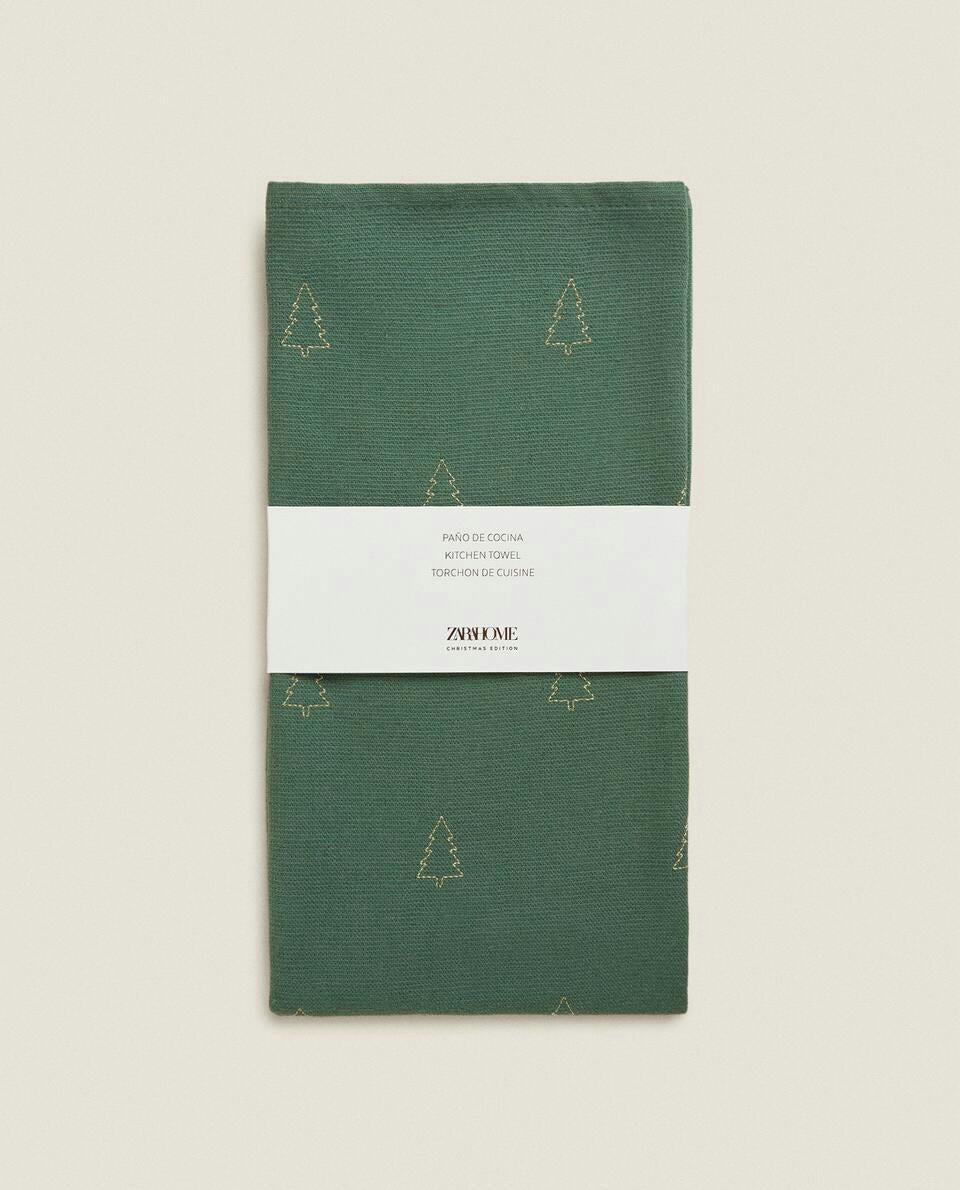 PAÑO DE COCINA DE ALGODÓN CON ÁRBOL DE NAVIDAD BORDADO 