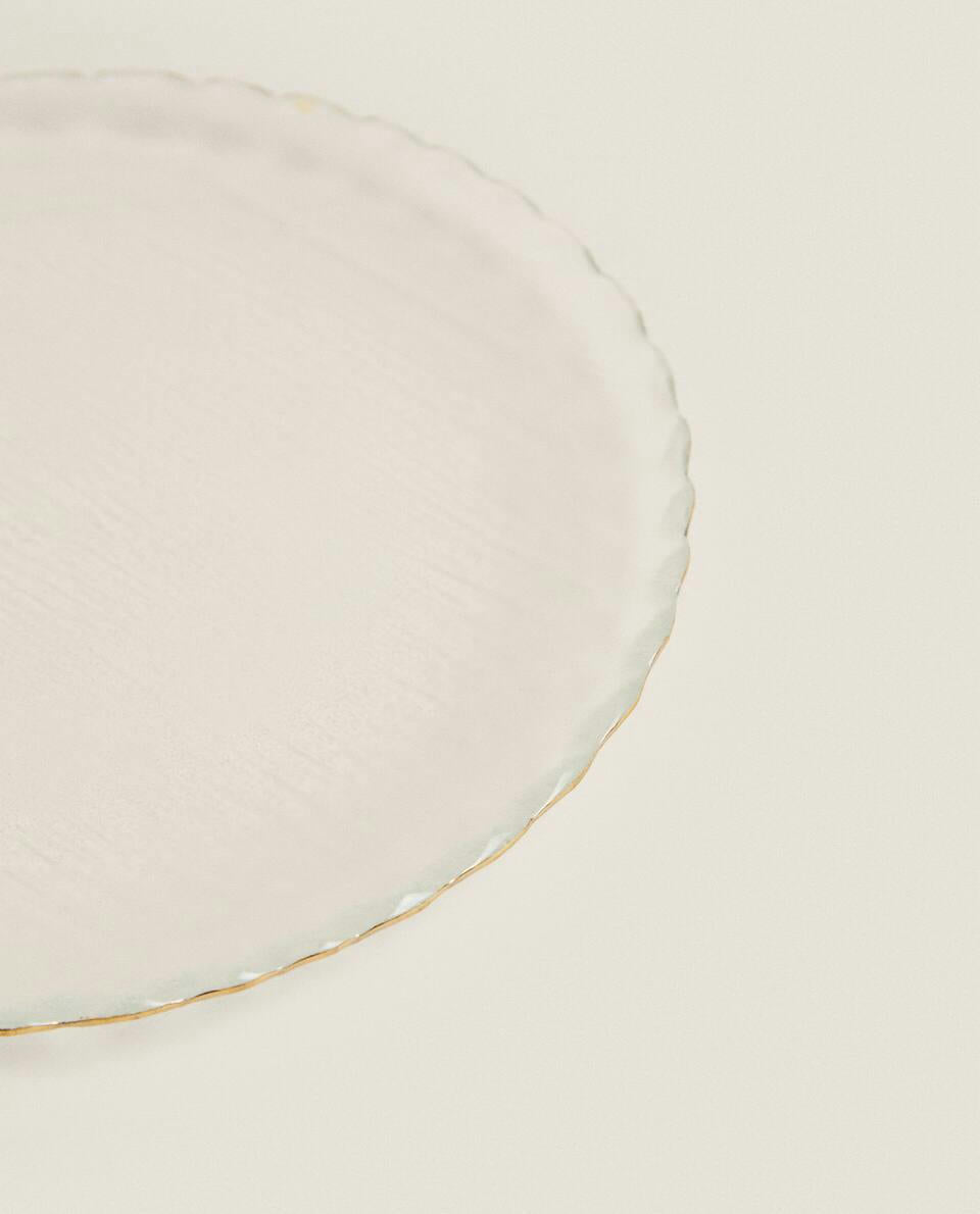 PLATO DE POSTRE DE VIDRIO NAVIDEÑO CON BORDE DORADO 