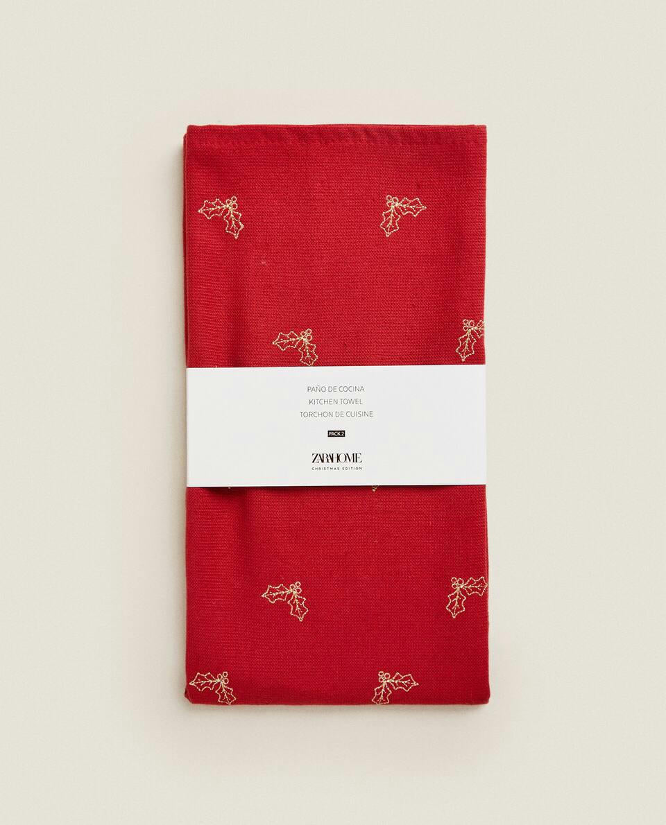 PAÑO DE COCINA DE ALGODÓN CON ÁRBOL DE NAVIDAD BORDADO 