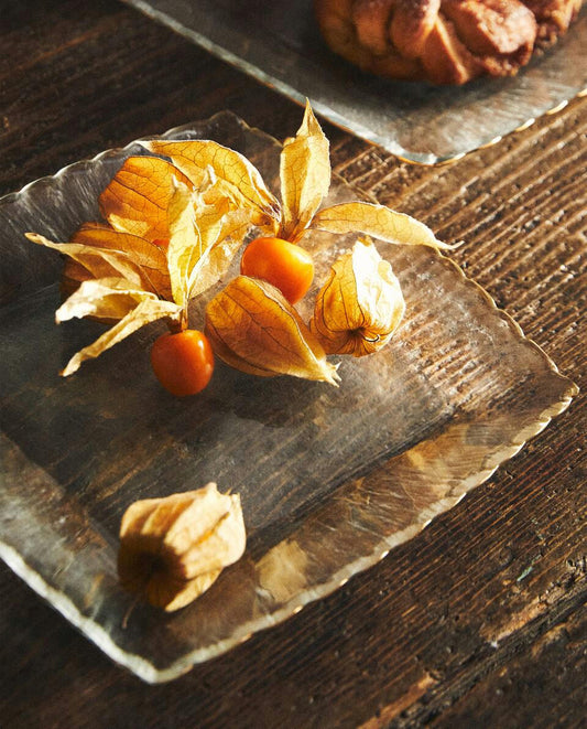 PLATO DE POSTRE DE VIDRIO NAVIDEÑO CON BORDE DORADO 