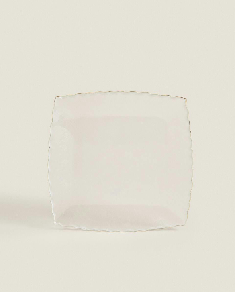 PLATO DE POSTRE DE VIDRIO NAVIDEÑO CON BORDE DORADO 