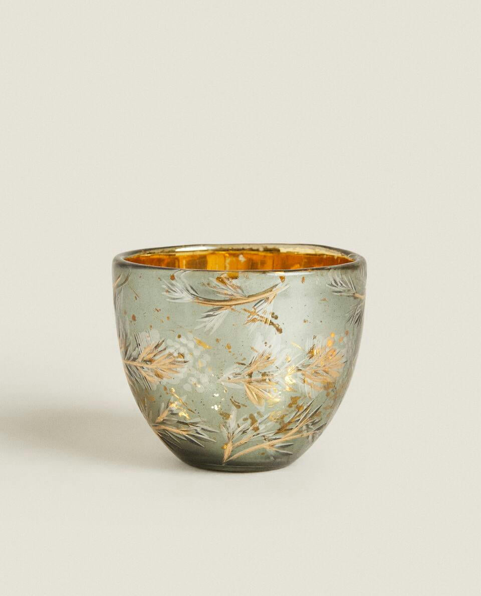 PORTAVELAS PEQUEÑO DE VIDRIO MERCURIADO PARA NAVIDAD 