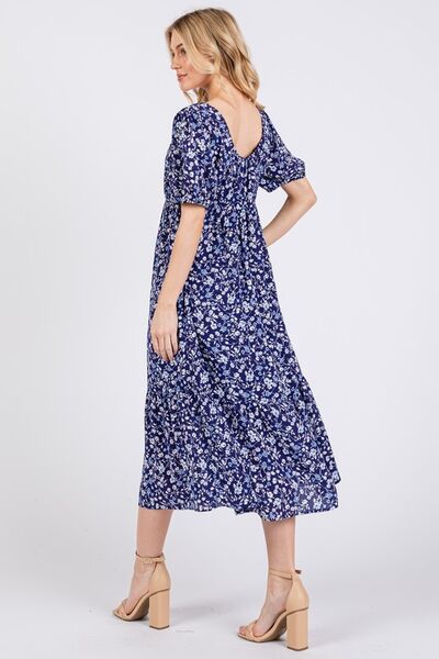 Ces Femme Floral Square Neck Puff Sleeve Midi Dress